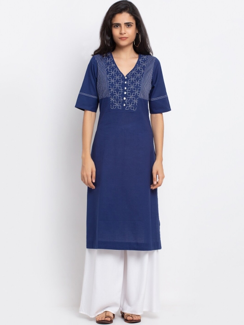 Ekmatra Women Navy Blue Geometric Yoke Design Cotton Handloom Sustainable Kurta
