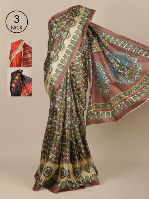 

Pothys Pack Of 3 Brown & Red Ethnic Motifs Jute Silk Saree