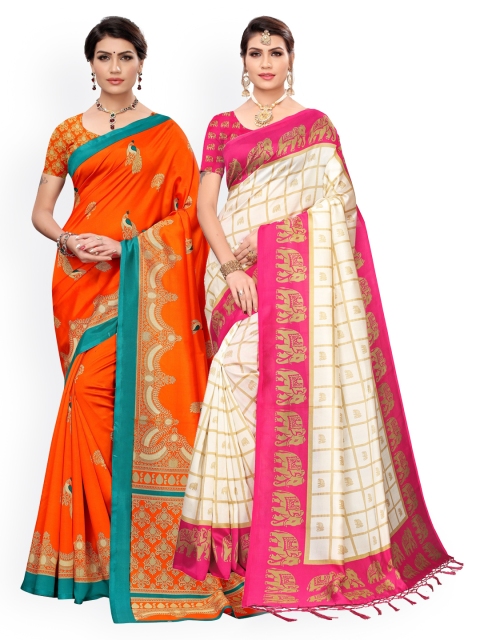 

KALINI Pack of 2 Orange & Off White Ethnic Motifs Art Silk Saree