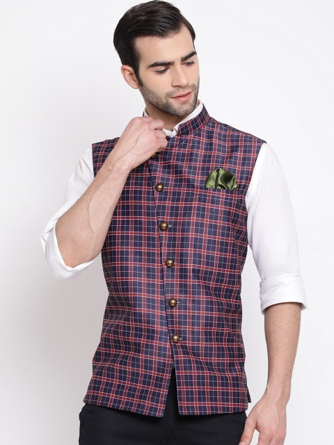 

VASTRAMAY Men Navy Blue & Maroon Checked Woven Slim-Fit Nehru Jacket