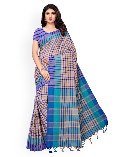 

KALINI Beige & Blue Checked Silk Cotton Saree