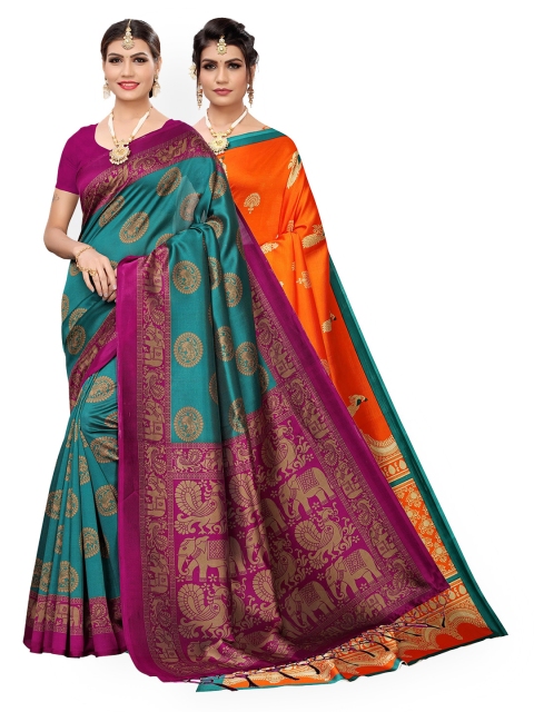 

KALINI Pack of 2 Sea Green & Orange Woven Design Art Silk Saree