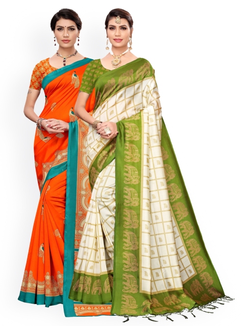 

KALINI Green & Orange Pack of 2 Ethnic Motifs Art Silk Sarees