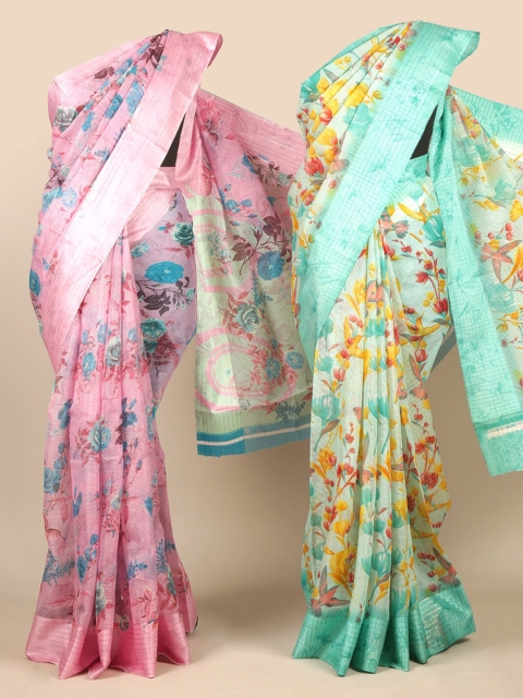 

Pothys Pack Of 2 Pink & Green Floral Jute Silk Saree