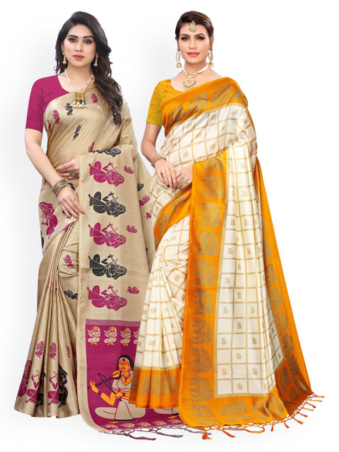 

KALINI Pack Of 2 Cream-Coloured & Beige Zari Art Silk Sarees