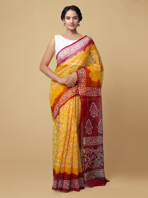 

Unnati Silks Yellow & Red Batik Pure Cotton Kota Saree