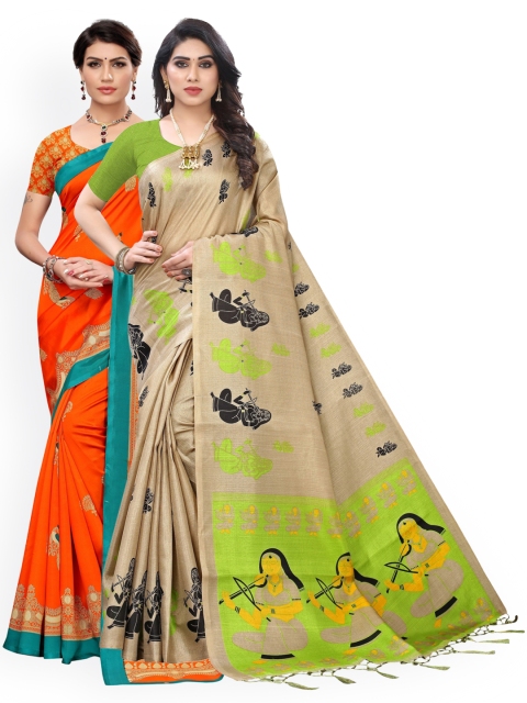 

KALINI Beige & Orange Set of 2 Ethnic Motifs Art Silk Saree