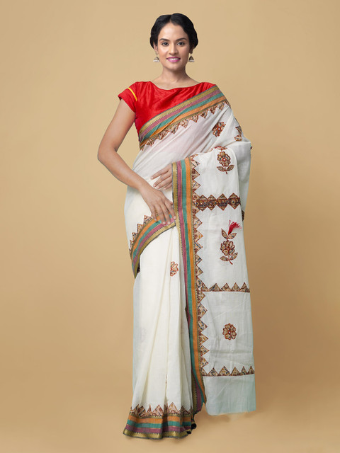 

Unnati Silks Cream Kalamkari Applique Pure Cotton Saree