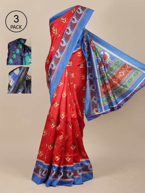 

Pothys Pack Of 3 Jute Silk Sarees, Red
