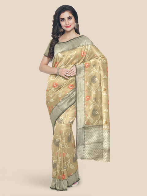 

KLM Fashion Mall Tan Floral Silk Blend Saree