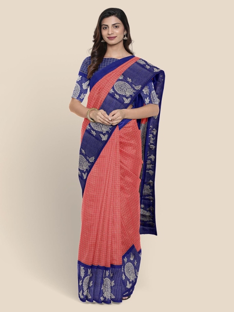 

KLM Fashion Mall Coral Red & Navy Blue Checked Zari Saree