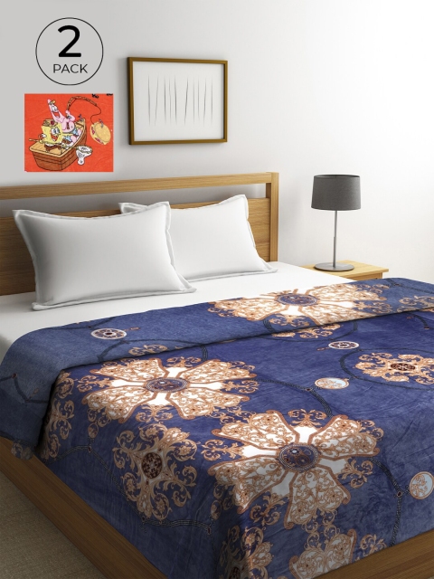 

KLOTTHE Set of 2 Blue & Orange Ethnic Motifs AC Room 300 GSM Double Bed Comforters