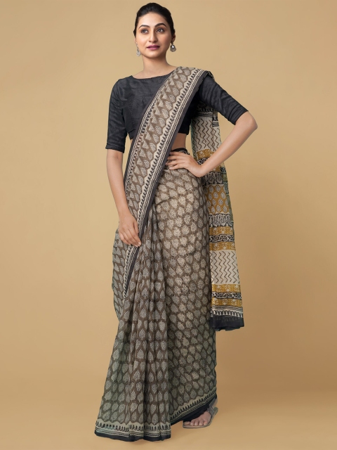

Unnati Silks Brown & White Dabu Zari Pure Cotton Kota Saree