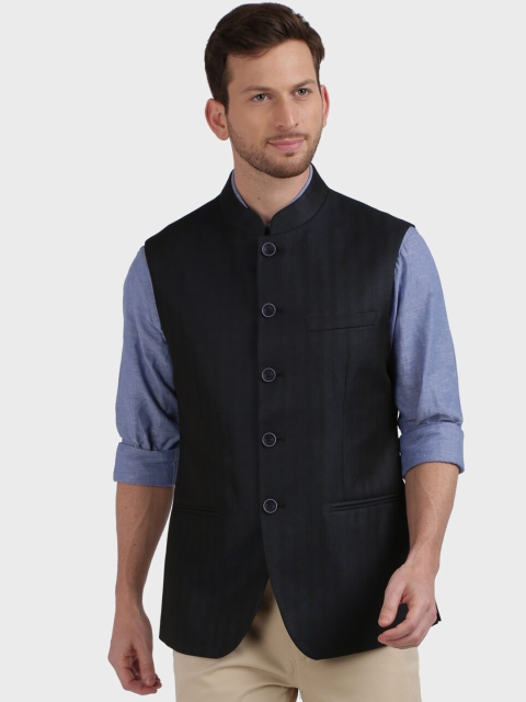 

ColorPlus Men Navy Blue Checked Woven Nehru Jacket