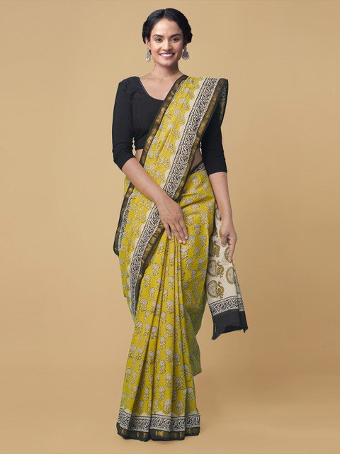 

Unnati Silks Yellow & Beige Ethnic Motifs Zari Pure Cotton Bagru Handloom Saree