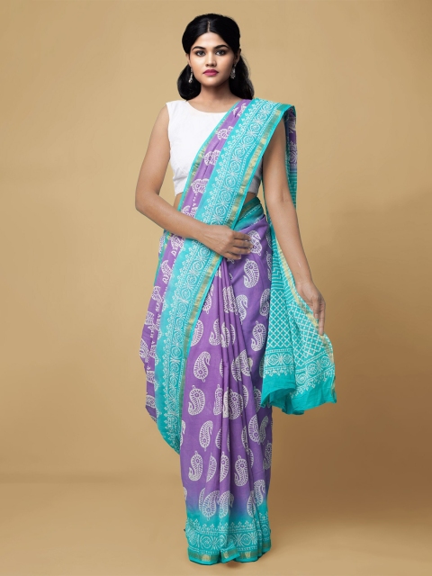 

Unnati Silks Purple & Blue Ethnic Motifs Pure Cotton Block Print Saree