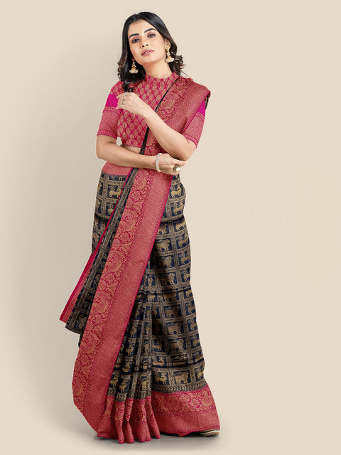 

KLM Fashion Mall Navy Blue & Pink Ethnic Motifs Zari Silk Blend Banarasi Saree