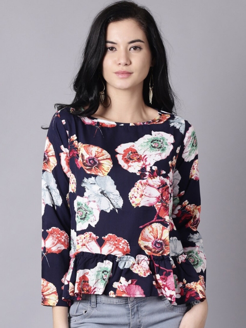 

AASI - HOUSE OF NAYO Navy Blue Floral Crepe Peplum Top