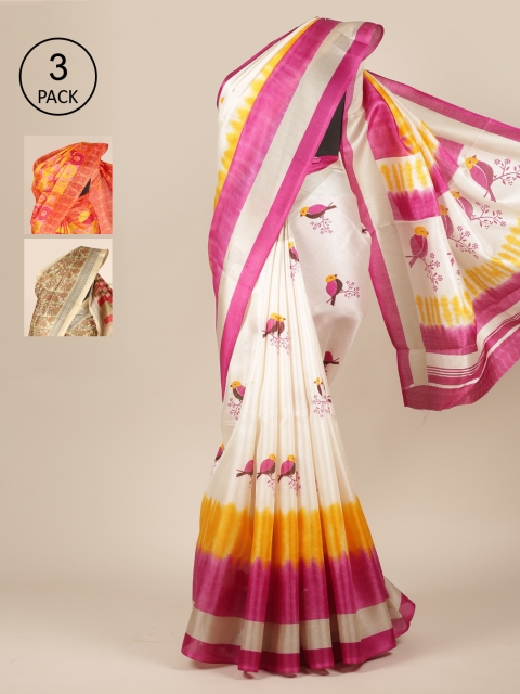 

Pothys Pack Of 3 White & Orange Floral Jute Silk Saree