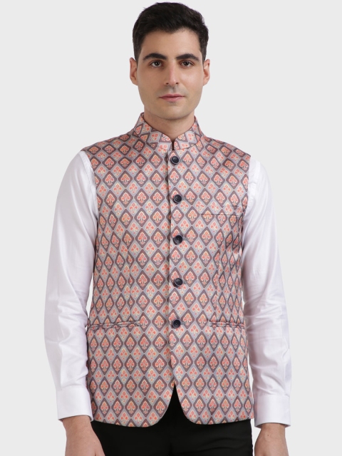 

ColorPlus Men Grey & Red Printed Woven Nehru Jacket