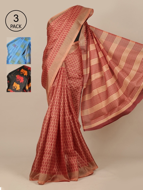 Pothys Pack of 3 Ethnic Motifs Jute Silk Saree, Peach