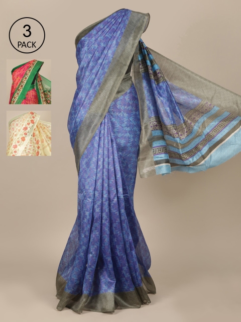 

Pothys Blue & Cream Set of 3 Jute Silk Saree