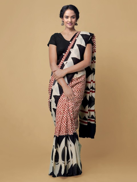 

Unnati Silks Cream Pure Cotton Bagru Saree