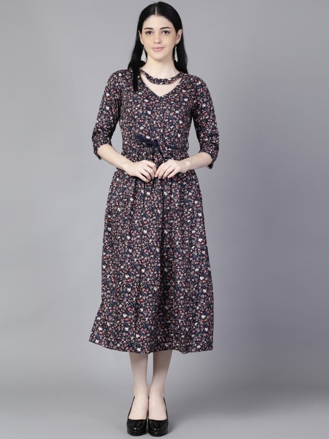 

AASI - HOUSE OF NAYO Navy Blue & Pink Floral Choker Neck Midi Dress
