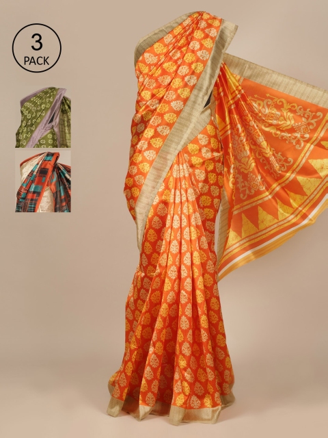 

Pothys Pack Of 3 Orange & Green Ethnic Motifs Jute Silk Saree