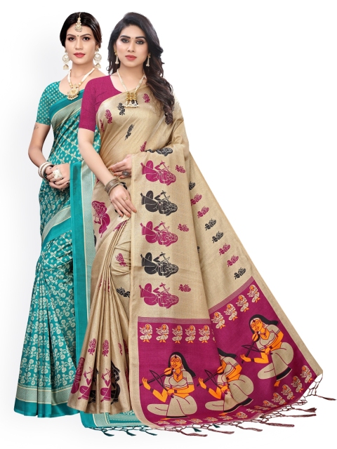 

KALINI Pack Of 2 Sea Green & Beige Ethnic Motifs Art Silk Saree