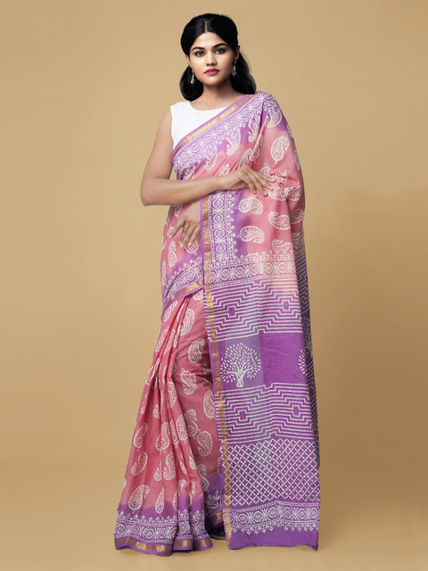 

Unnati Silks Pink & Purple Paisley Pure Cotton Block Print Saree