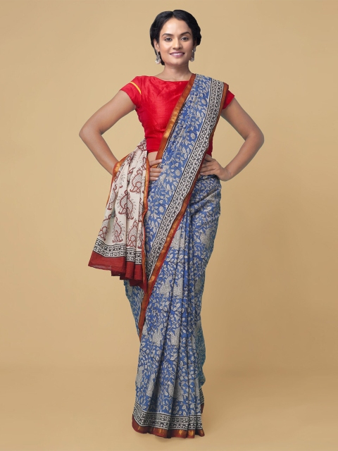 

Unnati Silks Blue & White Ethnic Motifs Pure Cotton Bagru Saree