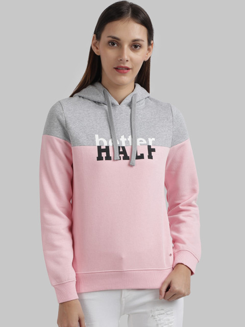 

Parx Women Pink & Grey Colourblocked Cotton Hooded Sweatshirt