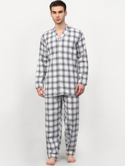 

JAINISH Men White & Grey Checked Cotton Night suit