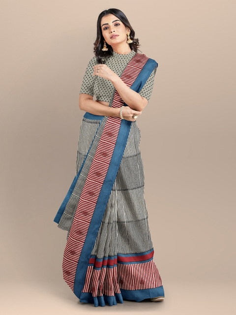 

BharatSthali Black & White Striped Pure Cotton Block Print Saree