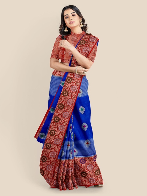 

KLM Fashion Mall Blue Ethnic Motifs Embroidered Silk Blend Banarasi Saree