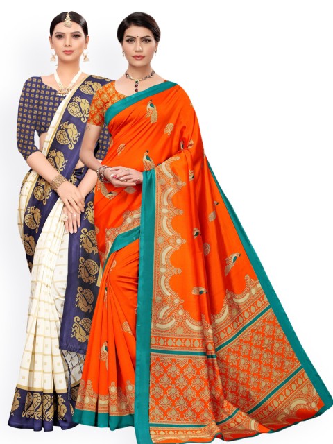 

KALINI Orange & White Set of 2 Ethnic Motifs Art Silk Saree