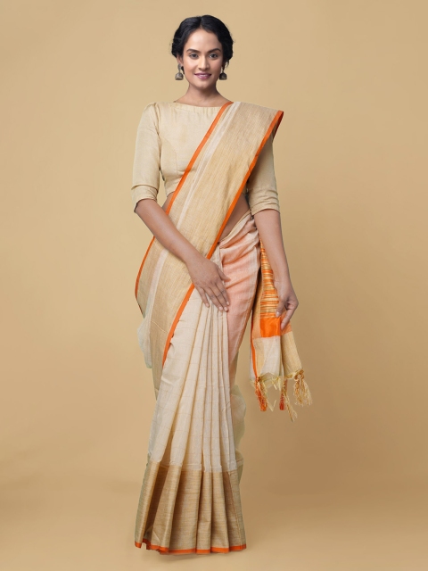 

Unnati Silks Cream & Gold-Toned Striped Zari Art Silk Patola Saree