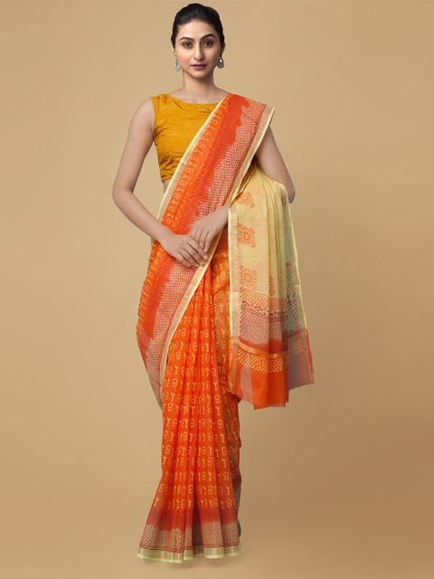 

Unnati Silks Orange & Mustard Ethnic Motifs Pure Cotton Kota Saree