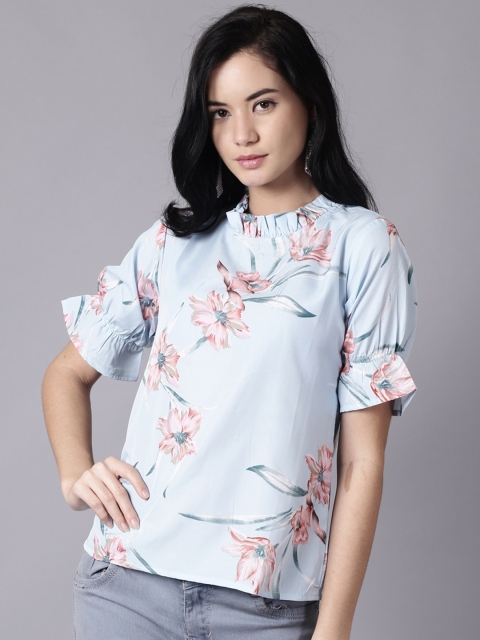

AASI - HOUSE OF NAYO Blue & Pink Floral Crepe Regular Top