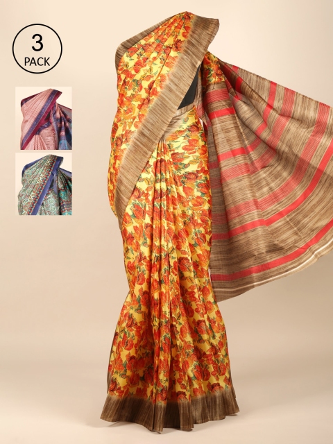 

Pothys Pack of 3 Floral Jute Silk Saree, Yellow