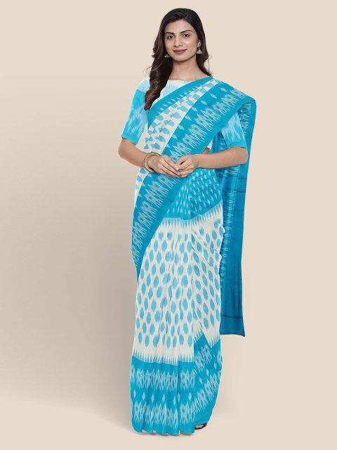 

KLM Fashion Mall White & Blue Cotton Blend Saree