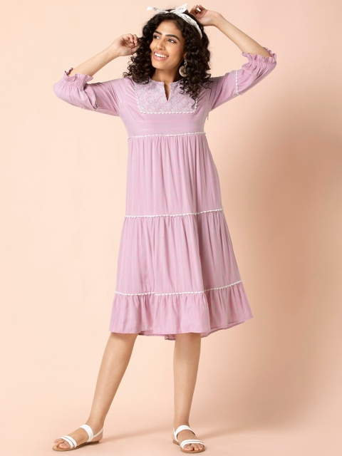 

INDYA Purple Striped Embroidered Tiered Dress