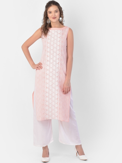 

Ojjasvi Women Pink & White Floral Embroidered Cotton Kurta