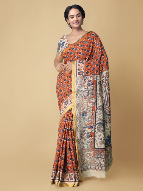 Unnati Silks Orange Ethnic Motifs Pure Cotton Handloom Kanjeevaram Saree
