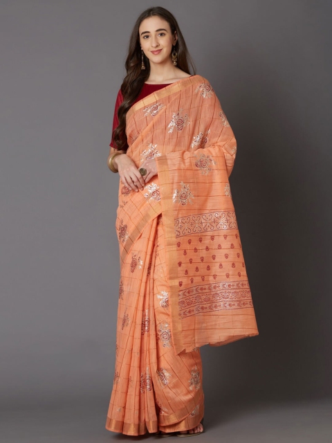 

Mitera Women Orange Ethnic Printed Cotton Blend Saree