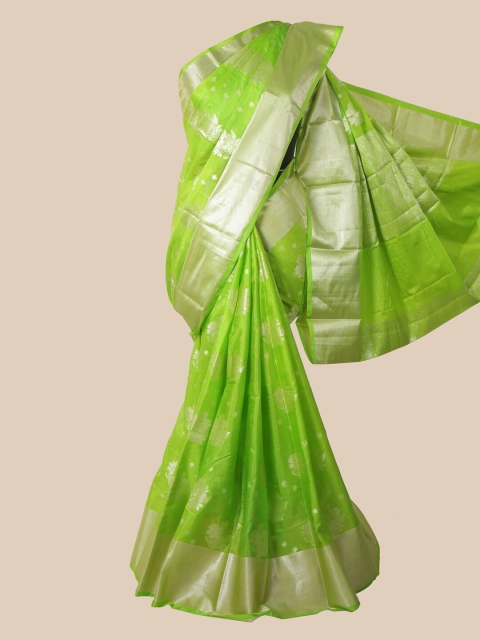 

Pothys Green & Silver-Toned Floral Zari Silk Blend Saree