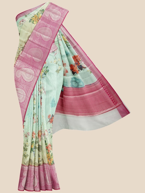 

KLM Fashion Mall Sea Green & Pink Floral Zari Silk Blend Banarasi Saree