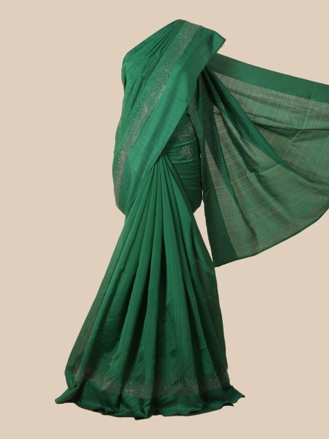 

Pothys Green & Silver-Toned Embellished Beads and Stones Jute Silk Saree
