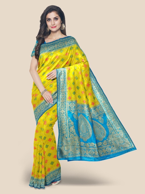 

KLM Fashion Mall Yellow & Blue Woven Design Zari Silk Blend Banarasi Saree